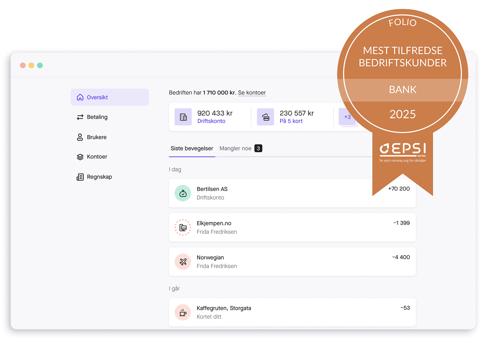 Skjermbilde av Folio nettbank med EPSI-medalje for mest tilfredse bedriftskunder innen bank i 2025
