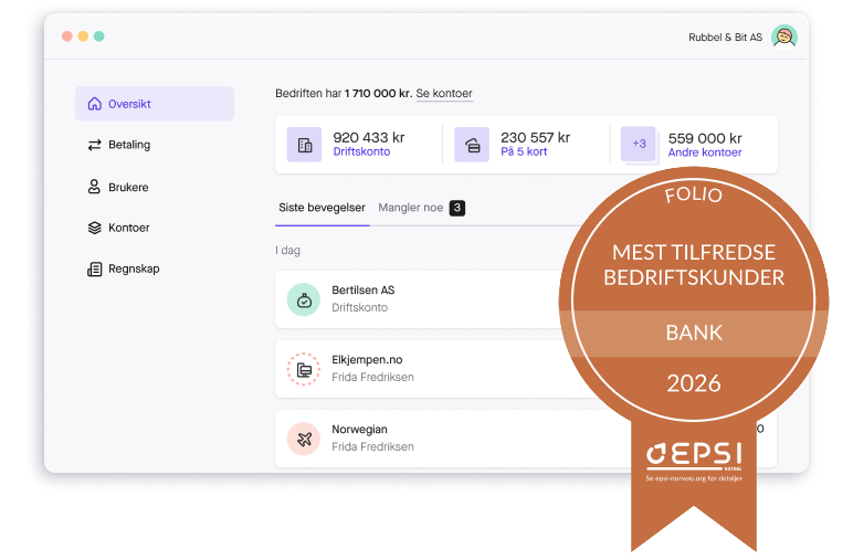 Skjermbilde av Folio nettbank med EPSI-medalje for mest tilfredse bedriftskunder innen bank i 2026