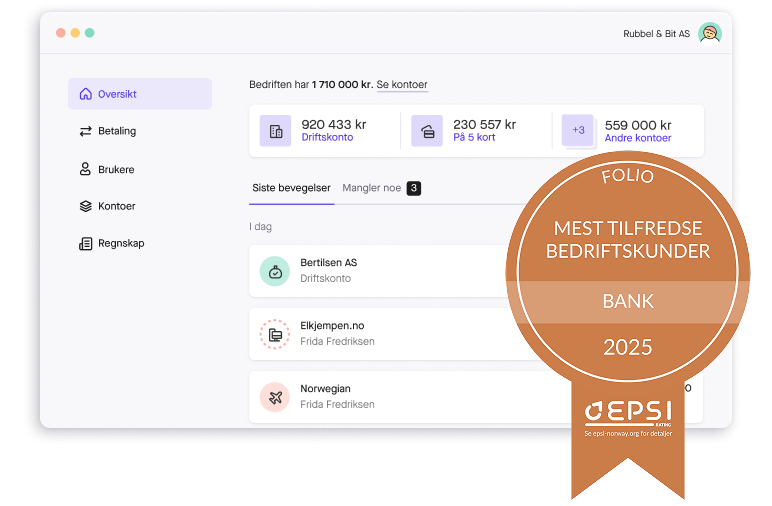 Skjermbilde av Folio nettbank med EPSI-medalje for mest tilfredse bedriftskunder innen bank i 2025
